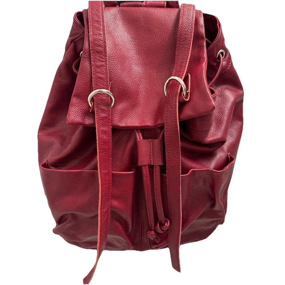 AmeriLeather Backpack Red Pebbled Soft Leather Drawstring Bag Purse Clean Boho